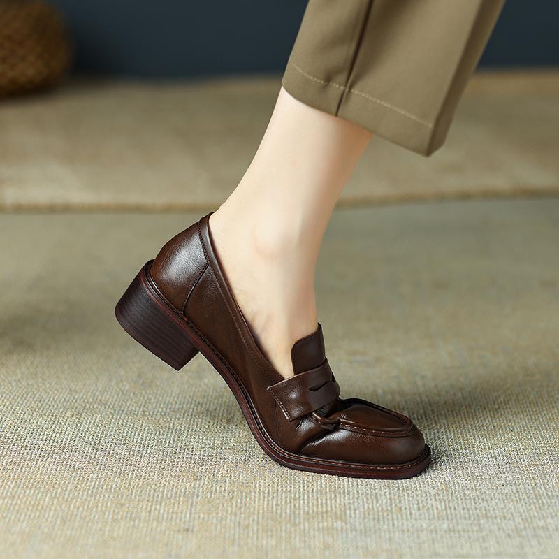 Fashion Versatile Ultra-Light Round-Toe Shallow Leather Shoes Brown Chunky Heel Single Shoes - Image 3